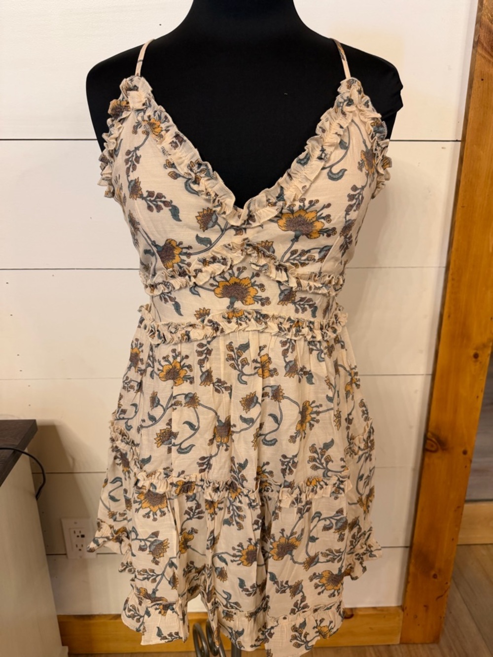 Francesca's Collections Cream Mini Dress with Mustard & Slate Floral Print